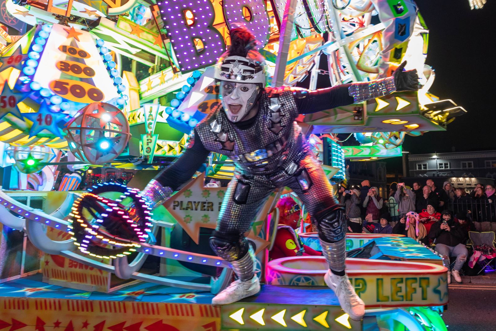 A carnival performer on a pinball-themed float at the Weston-super-Mare Carnival